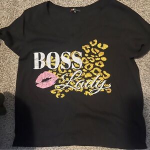 Boss Lady Black Tee with Leopard and Pink Lip Print